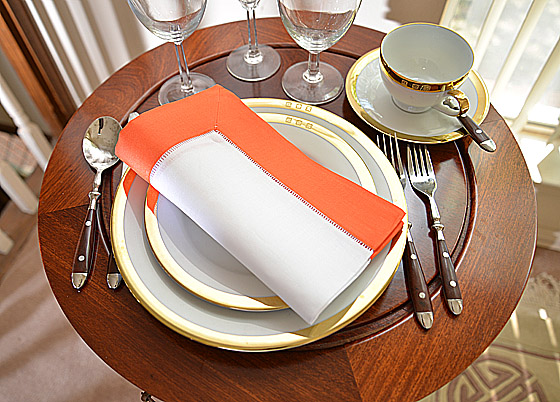 white hemstitch napkin, orange border