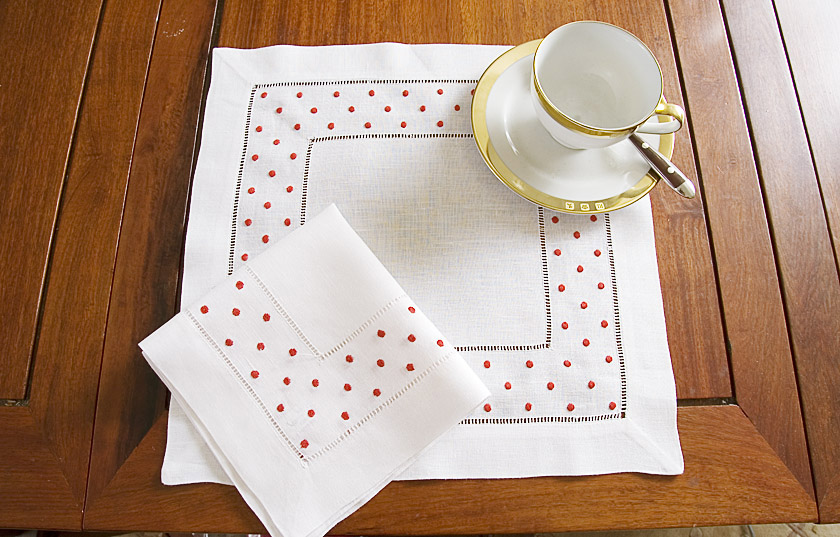 Square Linen Placemat. Red Polka Dots
