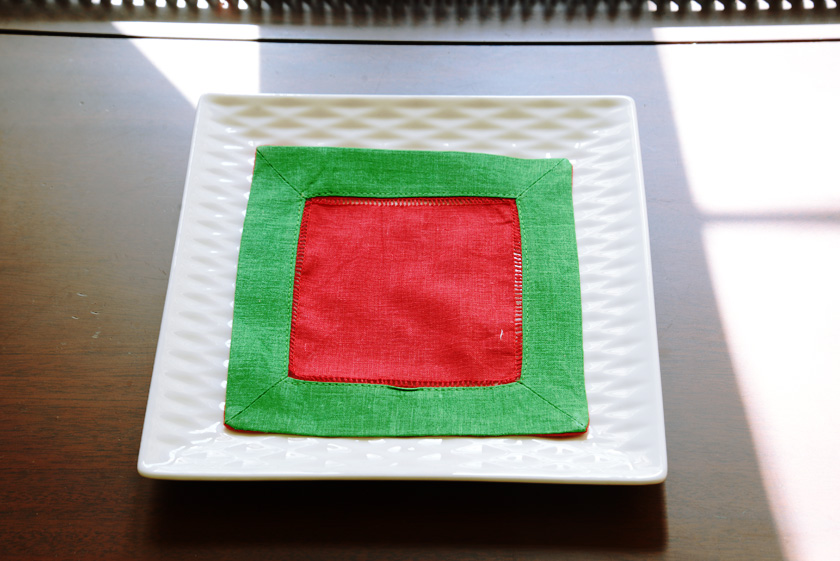 multi colored cocktail napkin. Red & Kelly Green colored