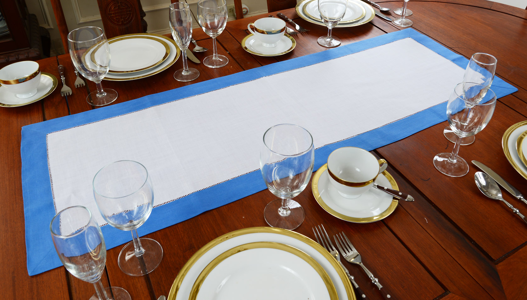 French Blue Border Hemstitch Table Runner