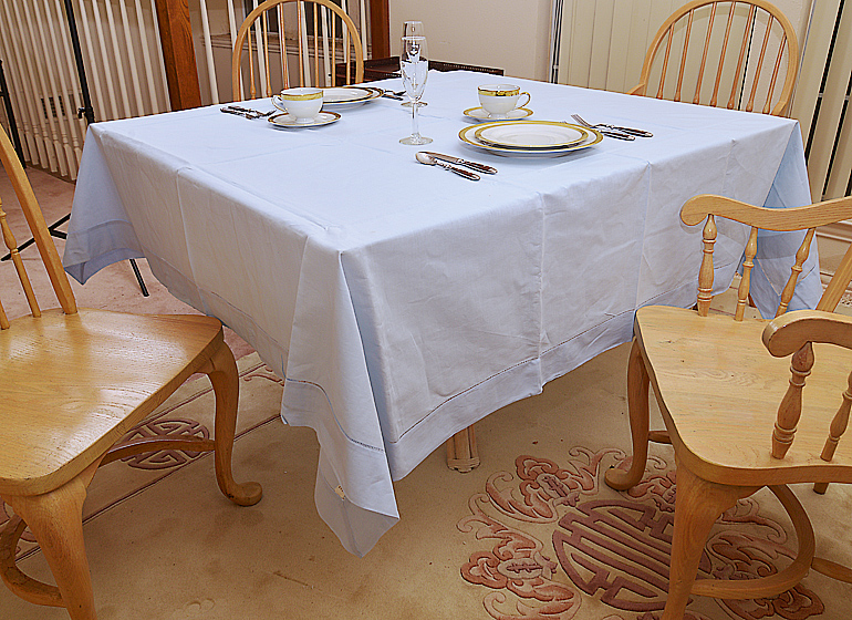 Airy blue hemstitch square tablecloth, 88x88 inch.