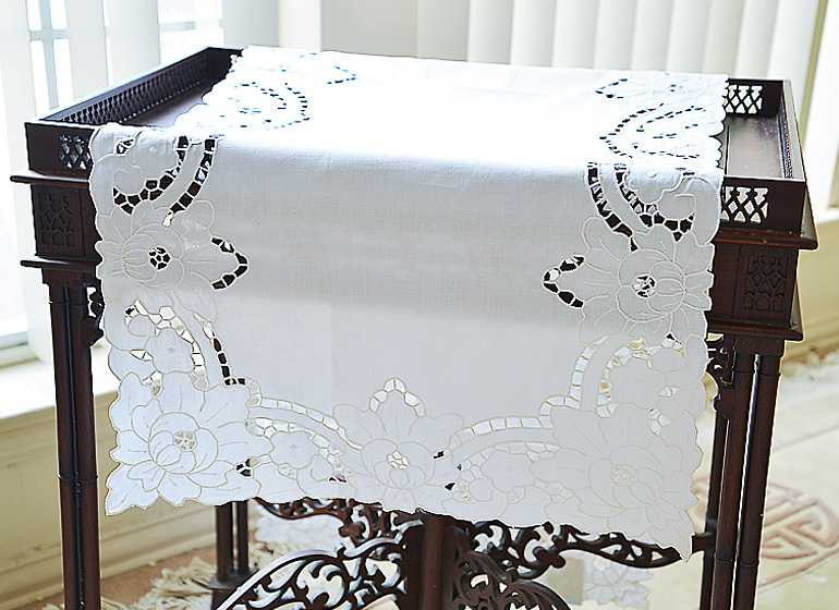 Grace Embroidery Table Runner. White. Cotton. 18″x54″ and 18″x72″.