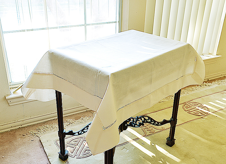 Cotton Hemstitch Square Table Toppers. 36×36″, 45×45″ & 54×54″. Pearled Ivory & White Color.