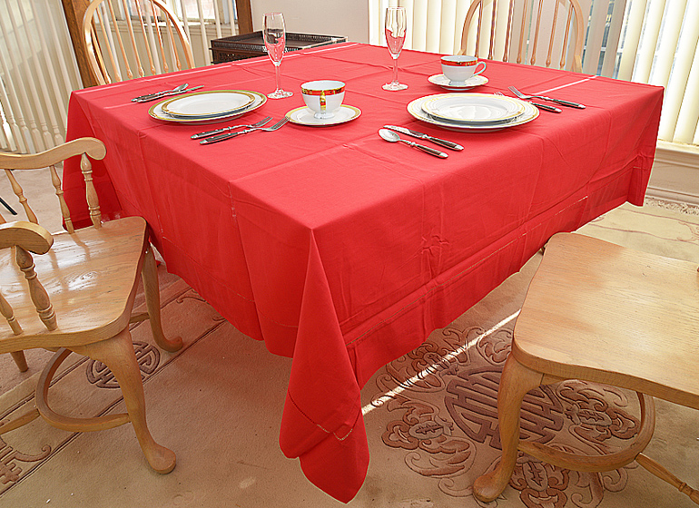 Red Hemstitch Square Tablecloth, 88x88 inch.