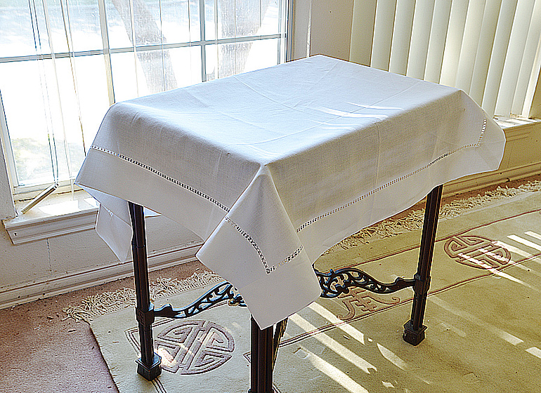 Cotton Hemstitch Square Table Toppers. 36×36″, 45×45″ & 54×54″. Pearled Ivory & White Color.