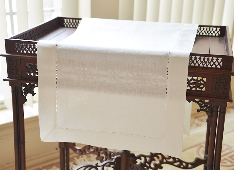 Winter White Linen Hemstitch Table Runner