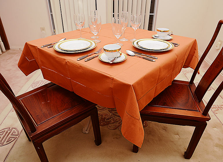 burnt orange Square Hemstitch Table Topper for Mahjong Tables