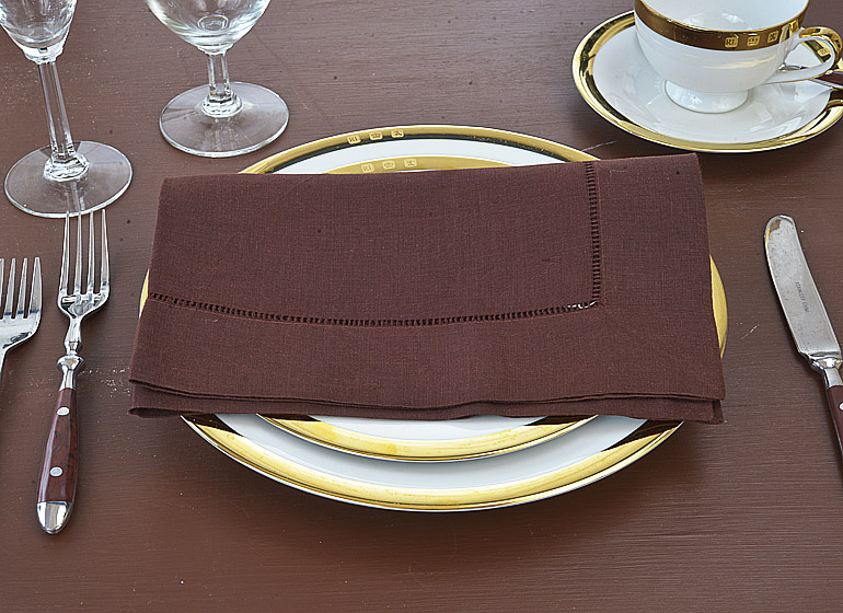 chocolate brown linen hemstitch napkin, 20 inch.
