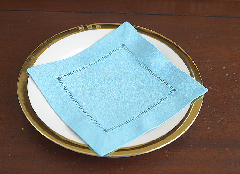 Aqua Color hemstitch cocktail napkin.