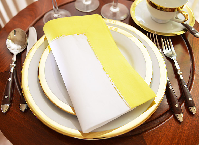 Hemstitch Napkin. White with Lemon Border