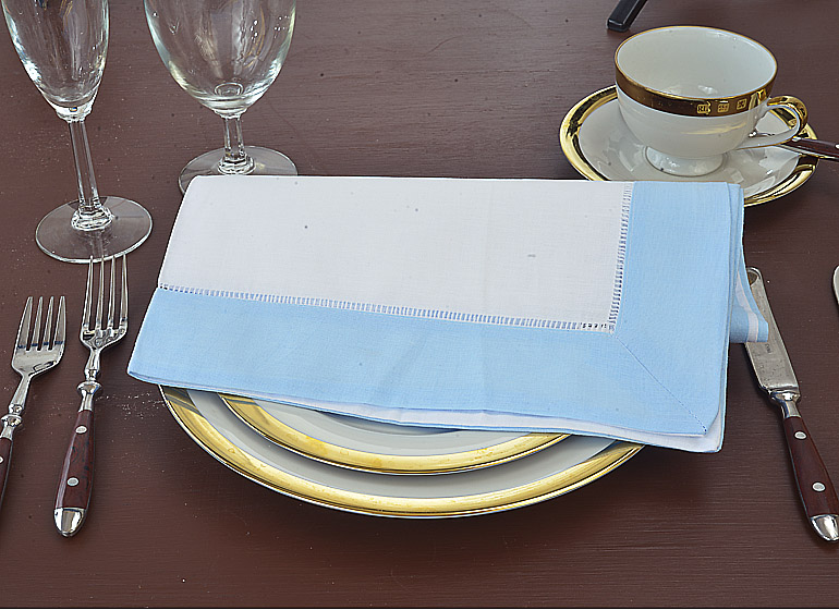 Hemstitch Napkin White with Baby Blue Color Trimming. 22″x22″. Each