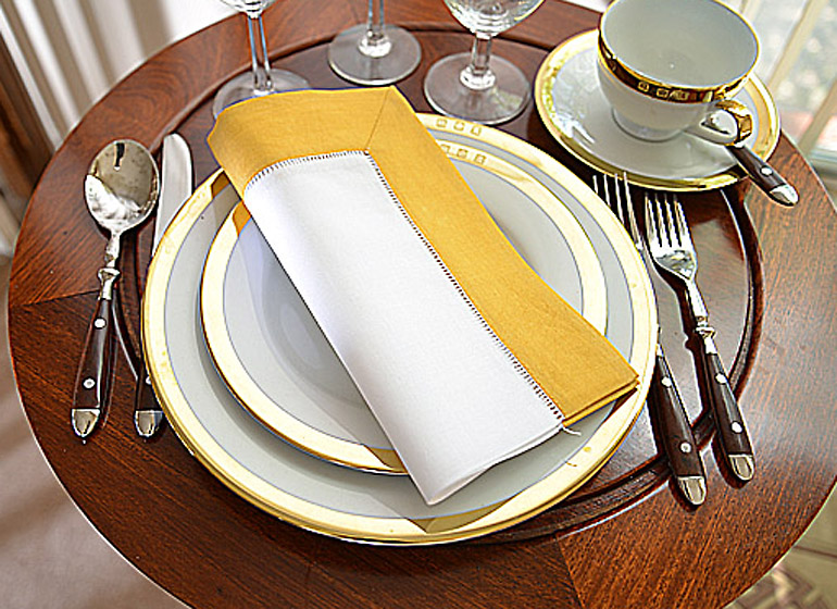 Hemstitch Napkin. White with Honey Gold