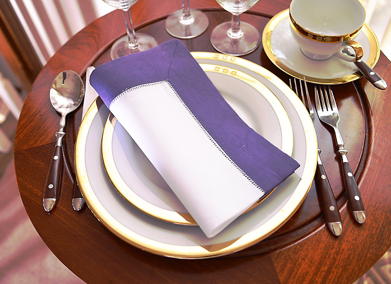 Hemstitch Napkin. White with Purple border