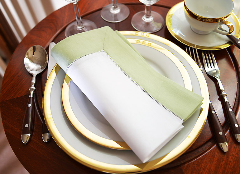 Hemstitch Napkin. White with Willow Green