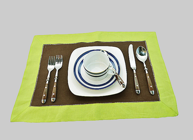 hemstitch placemat, brown with hot green color border.