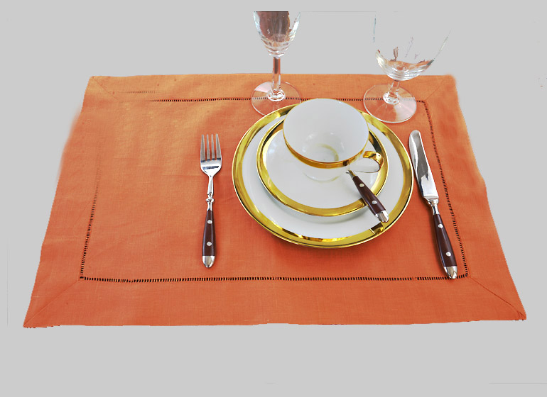 Hemstitch Placemats with Colors. Plum Caspia, Flame Orange, Kumquat, Peach Caramel, Aqua Marine,French Blue Colors. (Each)