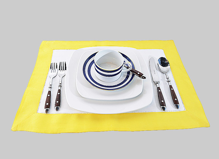 Hemstitch Placemat, White with Aurora Yellow color border.
