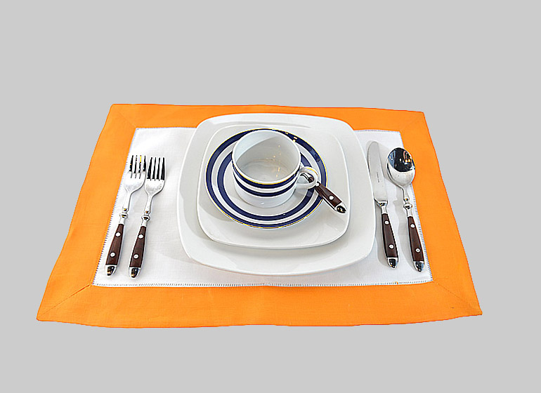 Hemstitch Placemat, White with Radiant Orange color border.