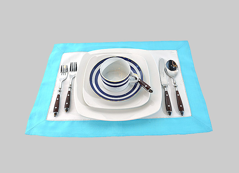 Hemstitch Placemat, White with Aqua color border.