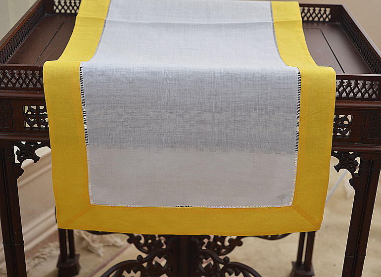 Hemstitch Table Runner. White with Habanero Gold border