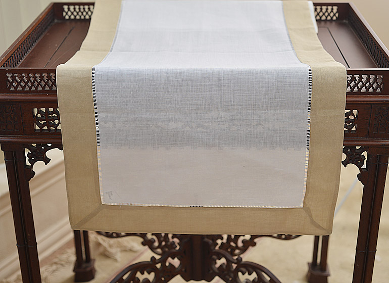 Hemstitch Table Runner. White with Irish Cream border