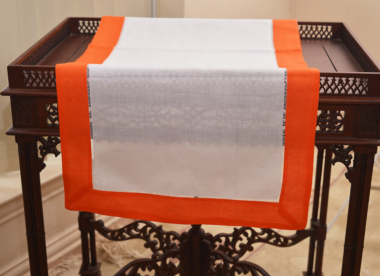 Hemstitch Runner on Color Border, Hot Orange Border, Hot Pink, Irish Cream, Aquarius, Orchild Pink, Cherry Blossom, French Blue border.