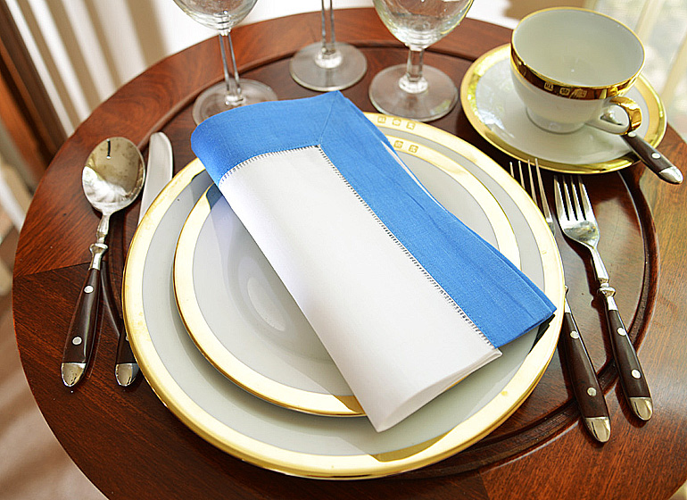 Linen Hemstitch Napkin with French Blue Color Border. 20:x20:
