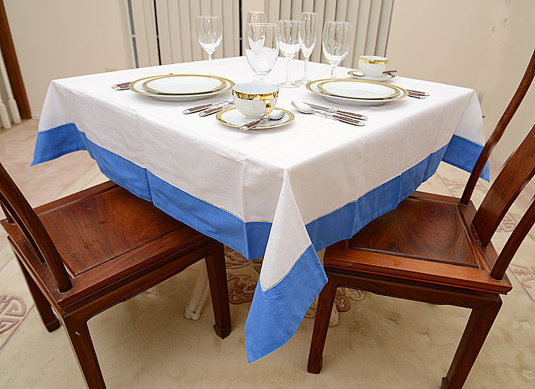Square Hemstitch Table topper, Color on French Blue Color border.