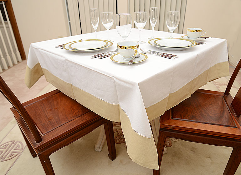 Square Hemstitch Table topper, Color on Almond Milk Color border.