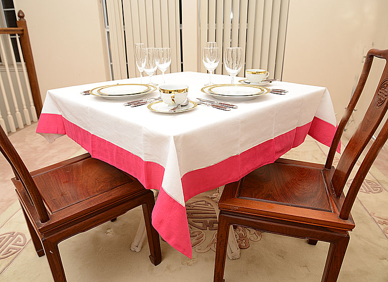 Square Hemstitch Table topper, Color on Hot Pink Color border, for Mahjong Tables.