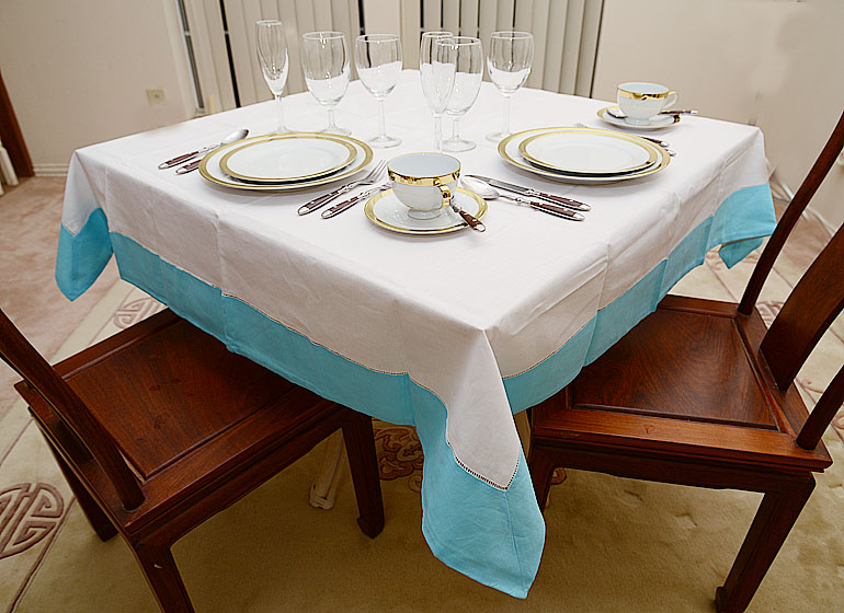 Square Hemstitch Table topper, Color on River Blue Color border, for Mahjong Tables.