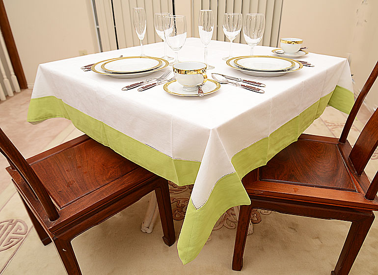 Square Hemstitch Table topper, Color on Hot Green Color border, for Mahjong Tables.