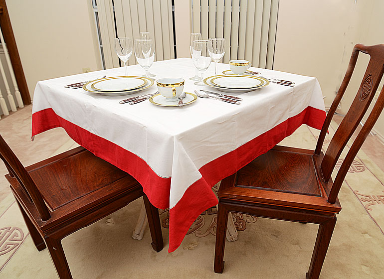 Square Hemstitch Table topper, Color on Red Color border, for Mahjong Tables.