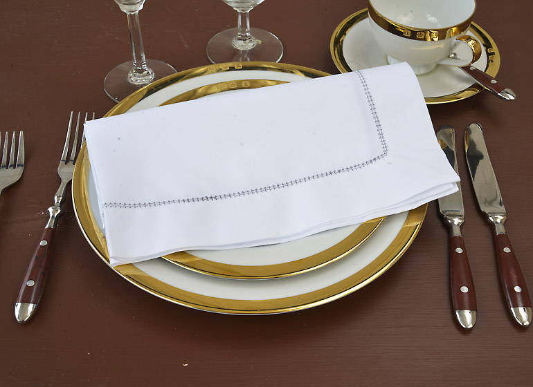 White Cotton Hemstitch Napkin with Gray Hemstitching Threads. 20″ & 22″. (Each)